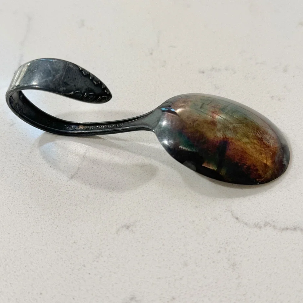 National Silver Co Vintage Silver Plated Curved Loop Handle Baby Spoon c89